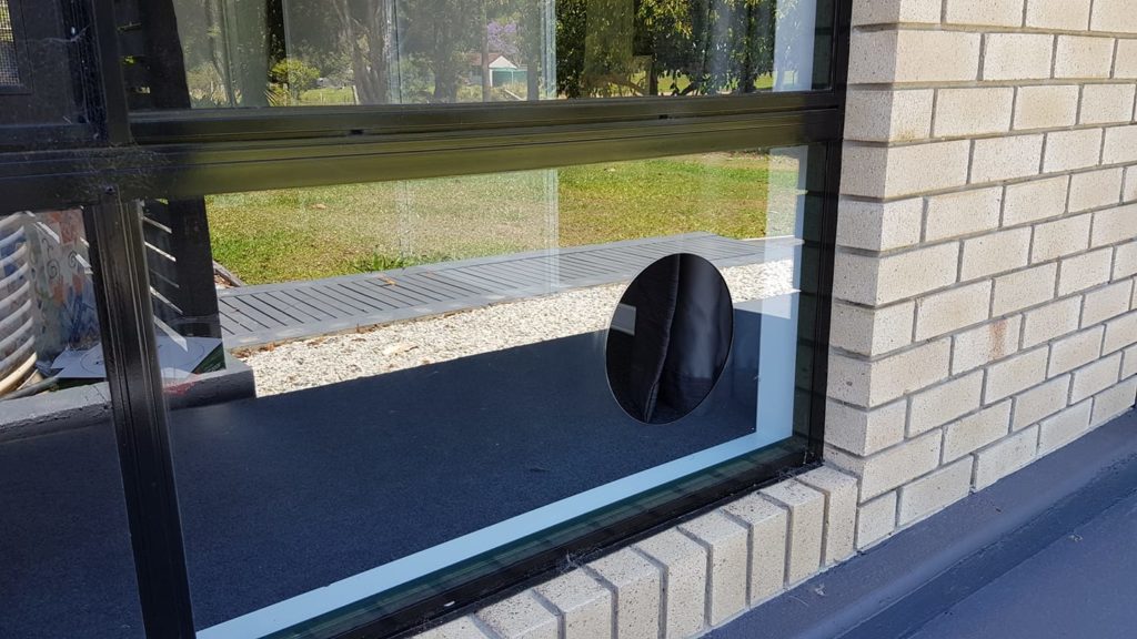 Hole cut in glass for cat door